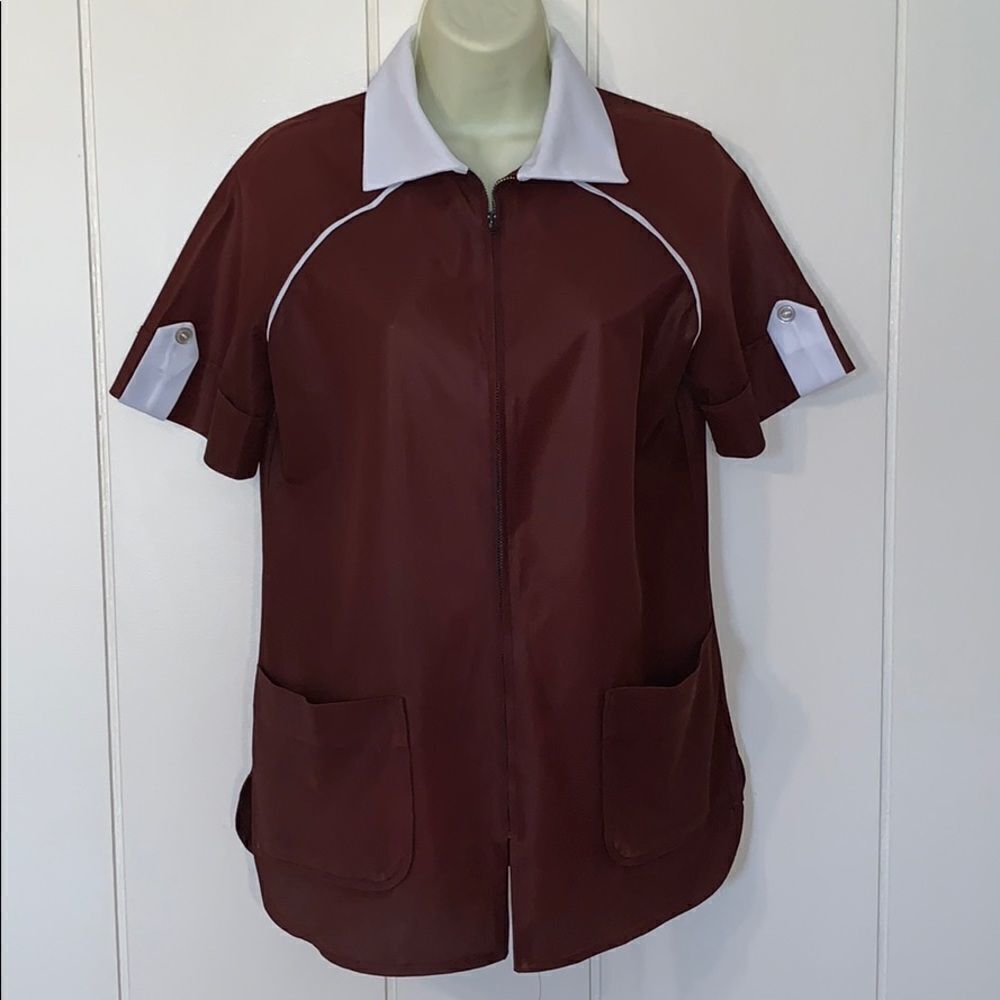 Vtg 70s brown & white polyester zip up uni…